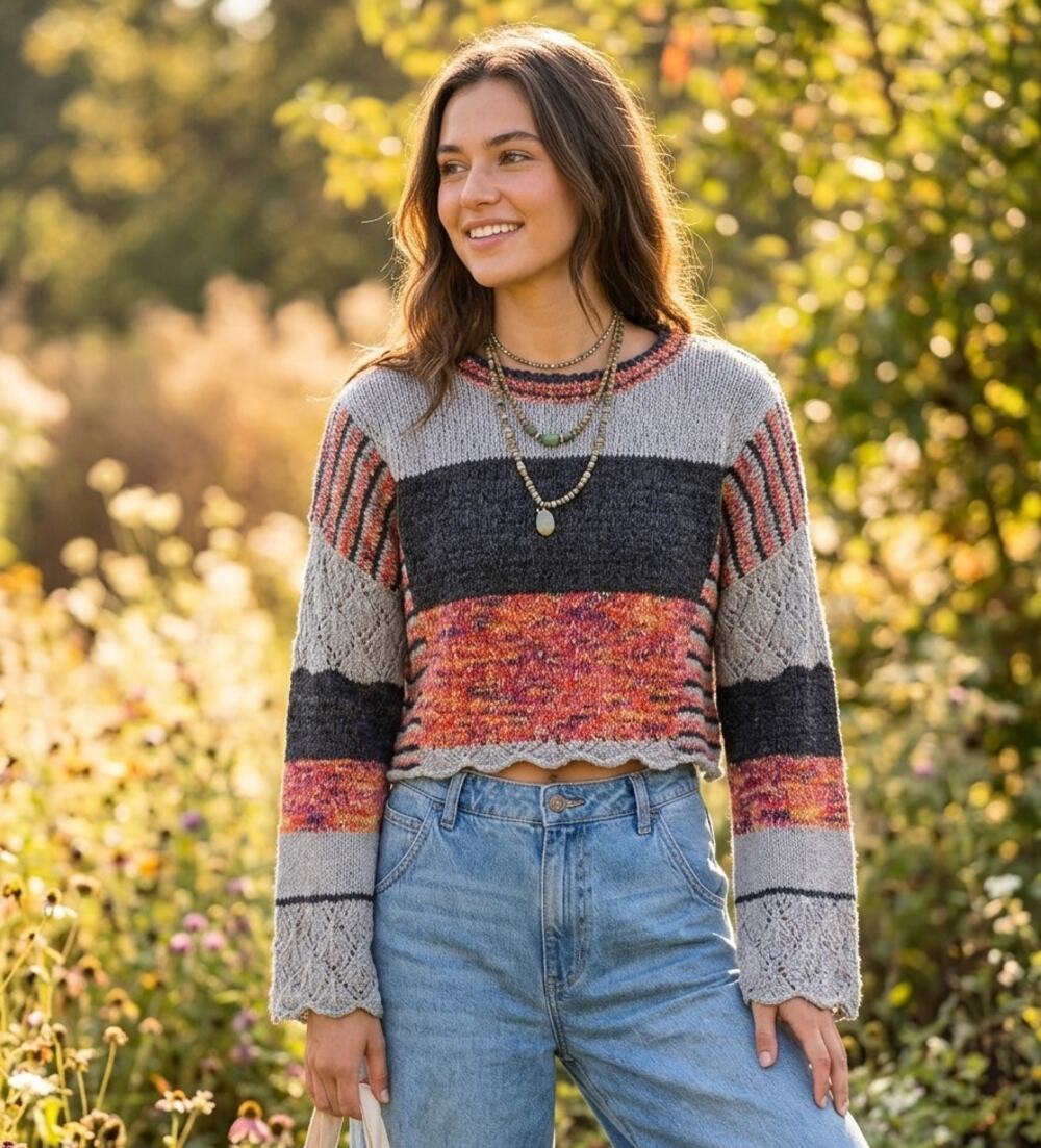 Natural Life Sun-Kissed Meadow Knit Relaxed-Fit Cropped Boho Sweater